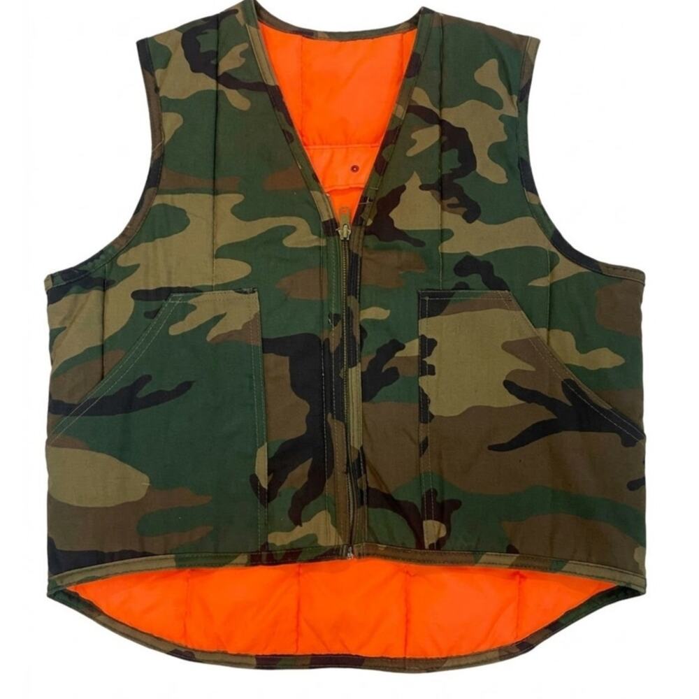Vintage Woodland Camo Quilted Hunting Vest Blaze Orange Nylon Lined Mens M USA